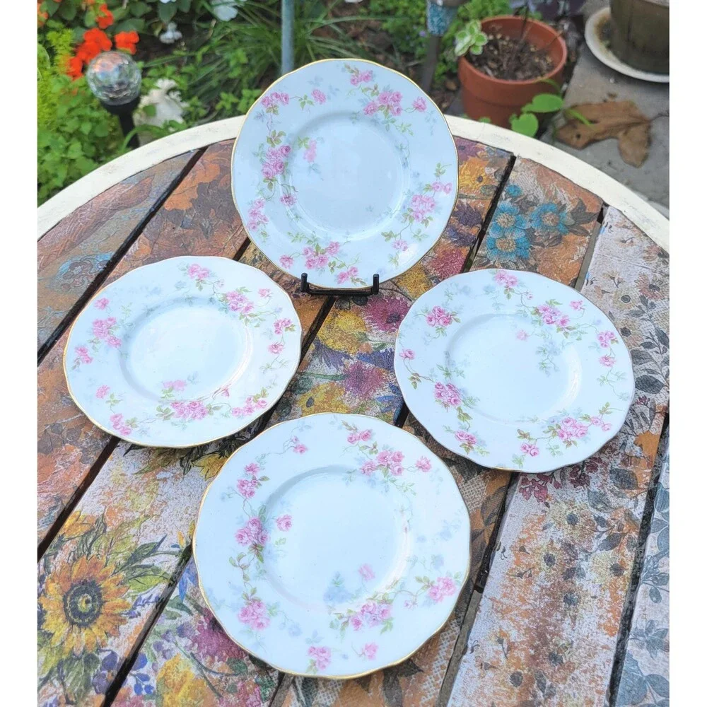 Antique L. Bernardaud Limoges Berry Bowls - Pink Roses, Gold Gilt (Set of 4)